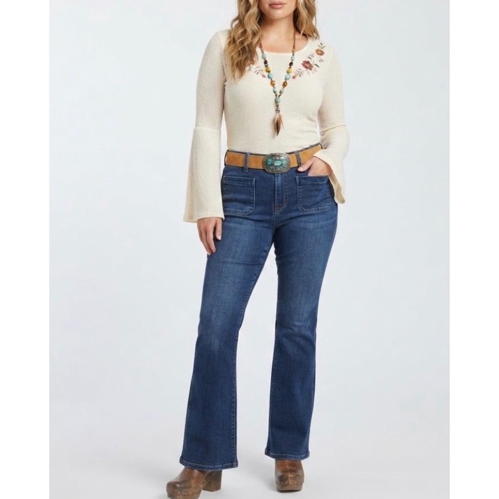 Judy Blue Flare Fit Patch Pocket High Rise Jeans Retro 70s Stretch 14W JB84146